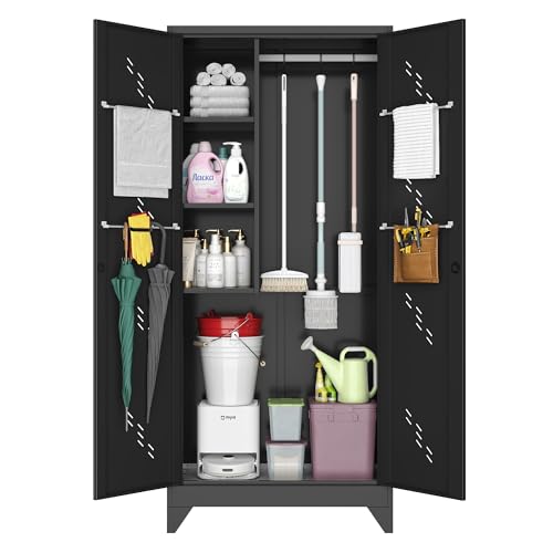Metal Storage Cabinet, 75" Cleaning Tool Cabinet with Locking Door, Tall Storage Sheds Tool Organizer, Large Broom Cabinet for Bathroom, Laundry Room, Kitchen, Pantry, and Humid Environments - size: 75" Cabinet