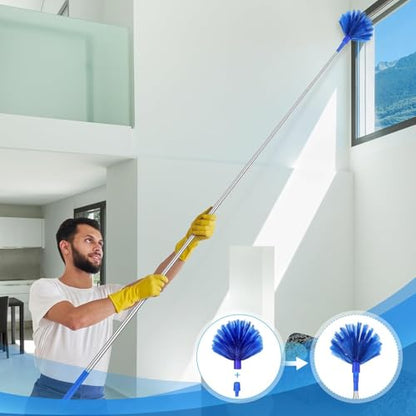 Cobweb Duster with Extension Pole, 30-100 Inch Long Handle Stainless Steel Telescoping Pole, Washable Duster with Medium-Stiff Bristles for Ceiling Fan, High Ceilings, Blinds, Furniture, Kitchen, Home
