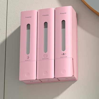 1984 Shower Soap Dispenser Bathroom Set Shampoo Conditioner Body Wash Dispenser Wall Mounted Shower Shampoo Dispenser 3 Chamber No Drill for Home Star Hotel 3 x 400ml Pink - color: Pink 3 Chamber