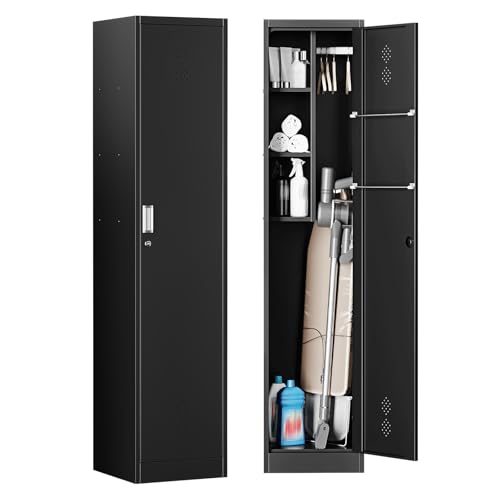 STANI 71" H Broom Closet Storage Cabinet Metal Cleaning Tool Cabinet Utility Closet Cleaning Supplies with Locking Door Broom Rack Shelf for Broom mops Garage Storage Black