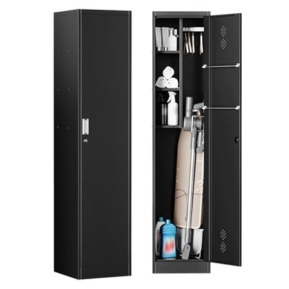 STANI 71" H Broom Closet Storage Cabinet Metal Cleaning Tool Cabinet Utility Closet Cleaning Supplies with Locking Door Broom Rack Shelf for Broom mops Garage Storage Black