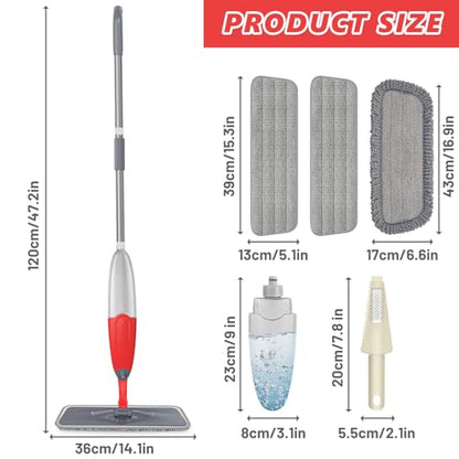 HOMTOYOU Dust Mop for Hardwood Floors: Microfiber Spray Mop for Cleaning | 3 Pcs Washable Reusable Pads, 1Pcs 400+ML Refillable Bottle, 360-Degree Swivel Mop, Red & Gray - color: Red