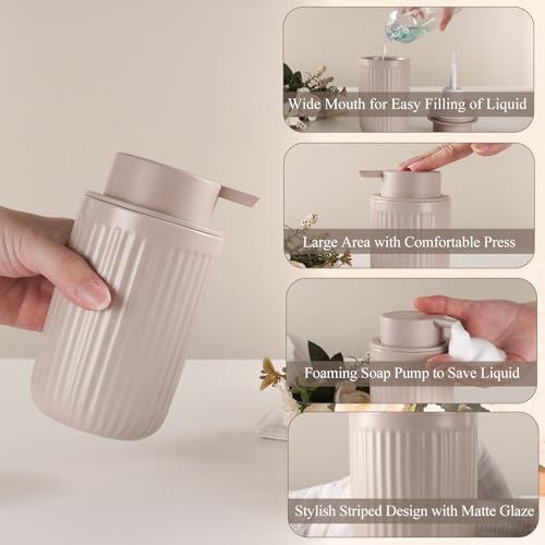 BosilunLife Foam Hand Soap Dispenser - Ceramic Foaming Soap Dispenser for Bathroom 12oz Refillable Liquid Lotion Soap Dispenser with Rust-Proof Foaming Pump for Countertop - color: Khaki Foam Pump