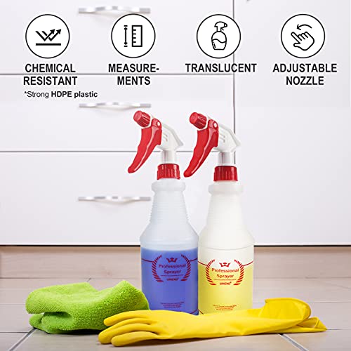 Uineko Plastic Spray Bottle (4 Pack, 24 Oz, All-Purpose) Heavy Duty Spraying Bottles Leak Proof Mist Empty Water Bottle for Cleaning Solution Planting Pet with Adjustable Nozzle and Measurements - size: 24 Oz, 4 Pack