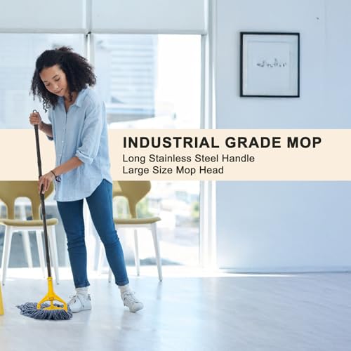 Commercial Industrial Mop with 3 Extra Large Reusable Replacement Head,59" Long Handle Heavy Duty Wet Mops,Looped-End String Cotton Mop for Floor Cleaning,House,Kitchen,Office,Garage,Tile(Yellow) - size: Yellow Handle + 3 Mop Head