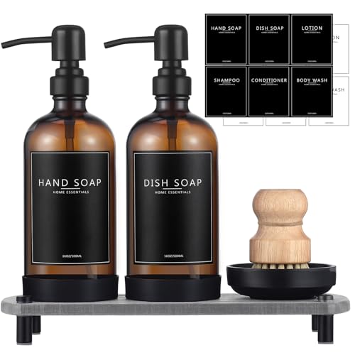 Kitchen Soap Dispenser Set with Instant Dry Tray,16 Oz Hand and Dish Soap Amber Glass Dispenser Set,Stainless Steel Pump,Waterproof Labels&Dish Brush,Luxury Soap Bottle for Kitchen,Bathroom - color: Amber Bottle+black Pump