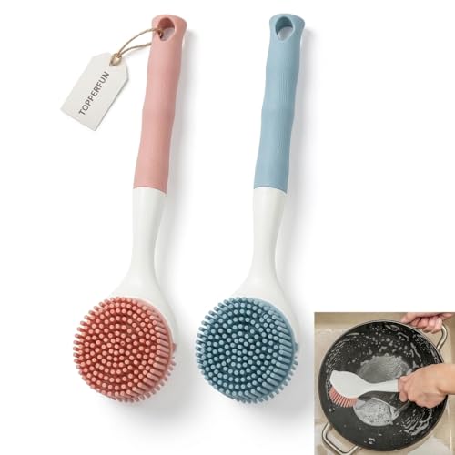 2 PCS Silicone Dishwashing Brush, Non-Stick Pot Scrubber with Long Handle, Durable Scrub Brushes for Cleaning Dishes, Cast Iron Pans, Sinks and Kitchen Cookware, Heat Resistant Cleaning Tool