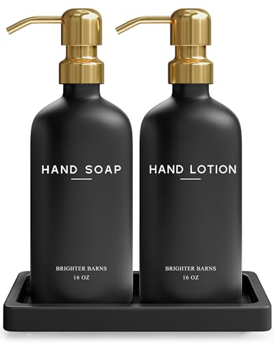 Luxury Glass Soap and Lotion Dispenser Set with Tray by Brighter Barns - Black and Gold Soap Dispenser Bathroom Set - Modern Bathroom Decor for Airbnb, Guest House, Vacation Rental, Gift (Black/Gold) - color: Black Gold Sl