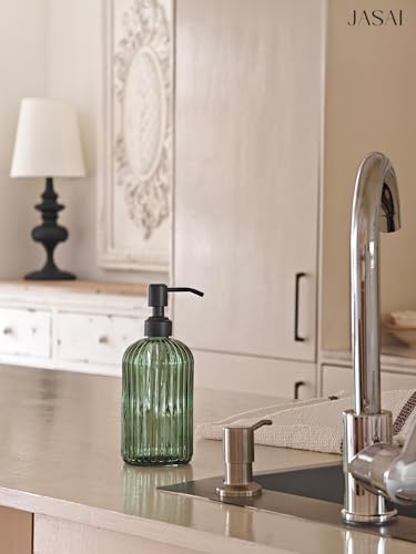 JASAI 18Oz Green Glass Soap Dispenser with Black Rust Proof Pump, Refillable Bathroom soap Dispenser with Thick Glass, Soap Dispenser Bathroom for Kitchen Dish soap, Hand Soap, Lotion, Body Wash. - color: Forest Green (Black Pump)