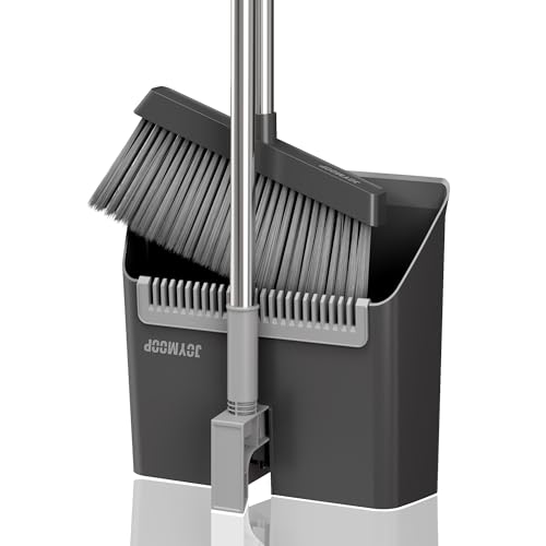 JOYMOOP Black Broom and Dustpan Set, Upright Angle Design with Built-in Comb Teeth for Home, Office, Hardwood Floors, Pet Hair - color: Black & Grey