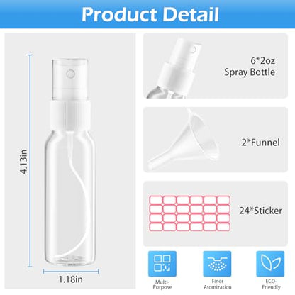 Zoizocp Spray Bottles, 2oz/50ml Clear Empty Fine Mist Plastic Mini Travel Bottle Set, Small Refillable Liquid Containers with 2pcs Funnels and 24pcs Labels (6 Pack) - color: Clear（BPA+TSA）-2oz