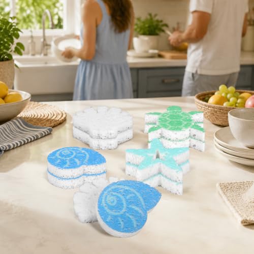 JarThenaAMCS 12 Pcs Summer Kitchen Sponges Coastal Seashell Starfish Turtles Water Absorbing Kitchen Scrub Sponges Dish Washing Cleaning Reusable Sponge for Bathroom Home Non Scratch Cleaning