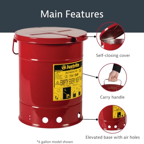 Justrite 21 Gallon Galvanized Steel Oily Waste Can, 23.5" x 18" Metal Oil Rag Safety Can with Hand Operated Self-Closing Lid for Oil Rag Disposal, Made in The USA, Red, 09710 - color: Red, size: 21 Gallon, style: Hand-Operated Lid