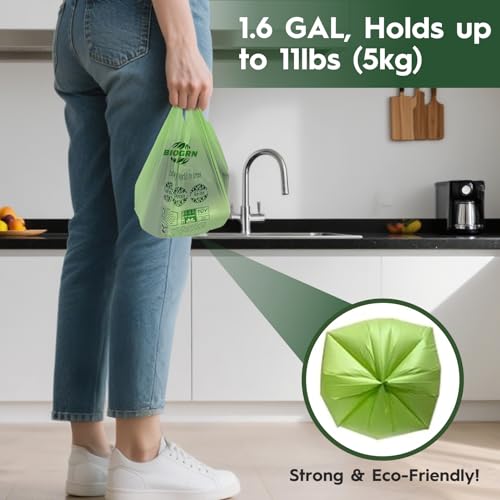 Compostable Trash Bags 1.2-1.6 Gallon Handle Tie 50 Count 0.6 Mil 6.06 Liter Small Compost Bags for Countertop Bin Biodegradable Bags Green for Kitchen ASTM D6400 & BPI Certified, OK Compost Home - color: 1.6 Gal, Handles Bags, 50 Count
