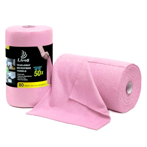 LIVOS Microfiber Cleaning Cloth Roll - 80 Pack, Reusable Paper Towels Pink Tear Away, Microfiber Towels for Cars, Super Absorbent Lint Free Cleaning Rags for House, Kitchen, Window-11.5"x11.5" - color: Pink