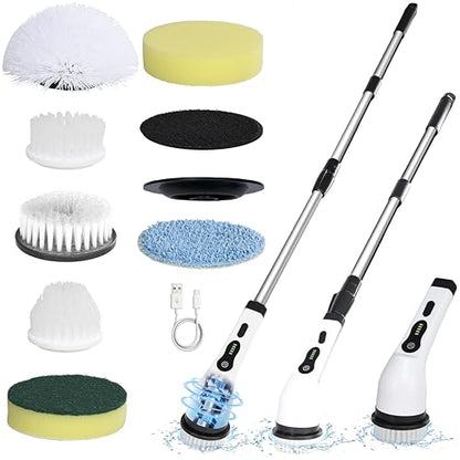 Electric Spin Scrubber Shower Cleaner Brush Cordless Power Cleaning 8 Brush Heads Extendable Handle 3 Adjustable 2 Speeds IPX7 Waterproof for Bathroom Kitchen