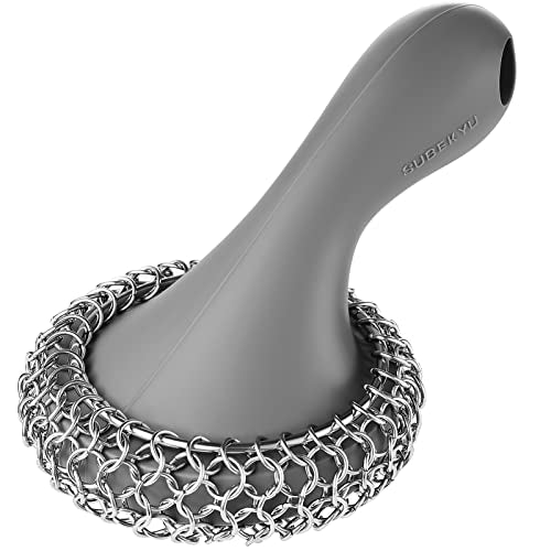 SUBEKYU Cast Iron Scrubber with Silicone Handle, Stainless Steel Cast Iron Skillet Cleaner Chainmail Scrubber for Pans, Grey - color: Gray