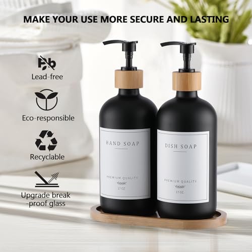 Black Glass Soap Dispenser - Hand Dish Soap Dispenser Set for Kitchen with Sturdy Pump and Tray, 14 Waterproof Labels, Bathroom Refillable Soap Lotion Dispenser-Black - color: Black Bottle + 14 Labels + Funnel + Tray