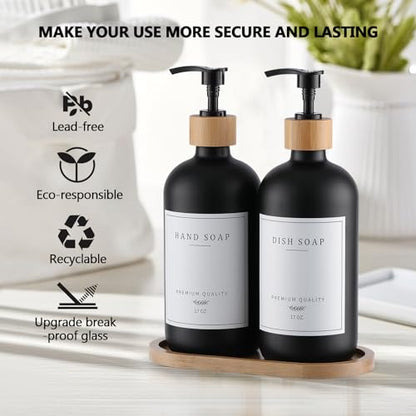 Black Glass Soap Dispenser - Hand Dish Soap Dispenser Set for Kitchen with Sturdy Pump and Tray, 14 Waterproof Labels, Bathroom Refillable Soap Lotion Dispenser-Black - color: Black Bottle + 14 Labels + Funnel + Tray