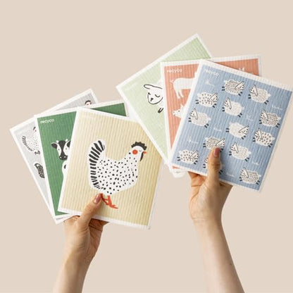 RECYCO Swedish Dishcloths for Kitchen | 6 Pack Farmhouse Friends Washable Dish Rags | Cellulose Reusable Cleaning Paper Towels | Absorbent Counter Dish Cloth Sponge Kitchen Wipes, 8" L x 7" W - color: Farmhouse Friends - 6 Pack