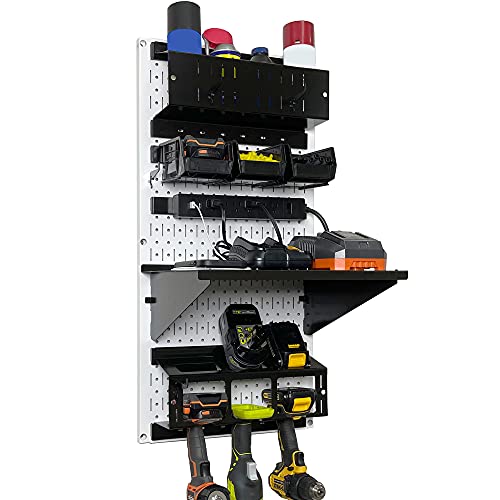 Wall Control Power Tool Storage Organizer Kit Cordless Drill Holder Charging Station Rack 16” x 32” Metal Pegboard Organization System (White Pegboard) - color: White Pegboard