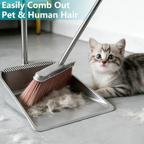 Stainless Steel Broom and Dustpan Set, 2-Piece, Long Handle Standing Design with Comb Teeth, Heavy Duty Windproof Upright for Home, Kitchen, Indoor Outdoor Use (Silver Teeth) - color: Silver Teeth