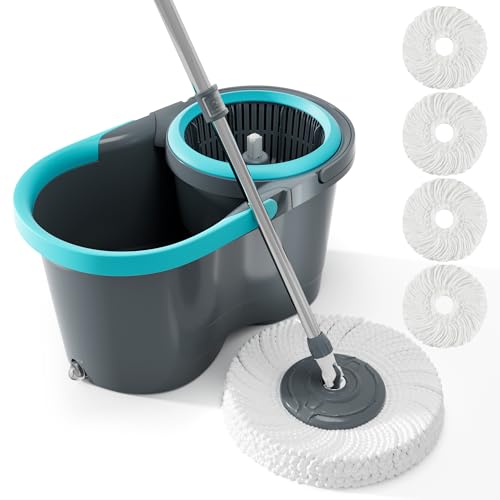 JOYMOOP Spin Mop and Bucket, 360° Mop Head & Telescopic Handle, Wet and Dry Use, 4 Reusable Microfiber Refills, Hands-Free Cleaning for Hardwood, Tile, Laminate Floors & Walls - size: Bucket # SUPER 8 + 4 Mop Pads