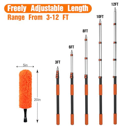 LAANPOLE 20FT Reach Dusters for Cleaning, Ceiling Fan Cleaner Duster with Extension Pole, Wall and Baseboard Cleaner Mop with Handle for Window Cobweb Fan Blade and High Ceiling - size: 12FT
