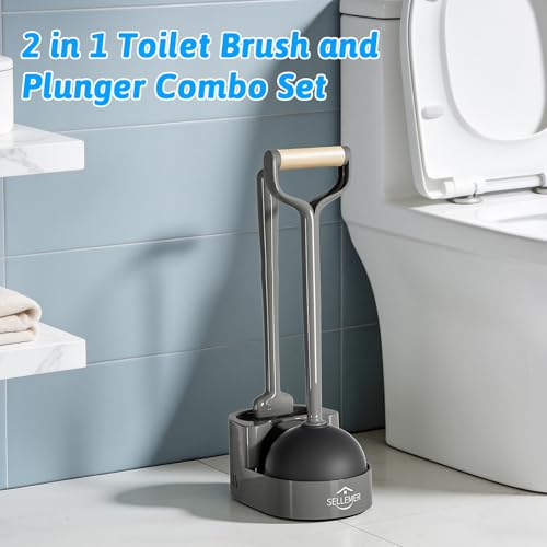 Sellemer Toilet Brush and Plunger Set, Curved Design Head Toilet Bowl Brush for Deep Cleaning, Heavy Duty Plunger for Bathroom, Grey, 2 Pack - color: Gray