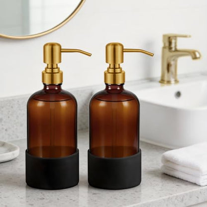 16 oz Hand and Dish Soap Dispenser Set for Kitchen and Bathroom, 500ml Amber Glass Soap Dispenser with Stainless Steel Golden Pump, Non-Slip Silicone Sleeves, Labels - 2 Pack - color: Amber With Golden Pump