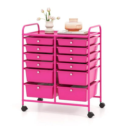 DREAMADE Rolling Cart with Storage Drawers, Utility Cart with Removable Plastic Drawers, Lockable Wheels, Art Cart for Classroom Organization Art Supplies Office Scrapbook (12 Drawers, Hot Pink) - color: Hot Pink, style: 12 Drawers