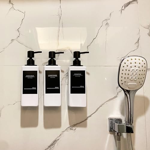 Shampoo Dispenser for Shower Wall, Shampoo and Conditioner Dispenser with 16 Waterproof Labels, No Drill Shower Soap Dispenser Bathroom, Shower Soap Dispenser Wall Mounted 3 Chamber, 17oz,White - color: White Bottle + Black Pump