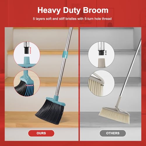 Tiumso Upgrade Broom and Dustpan Set, Broom with Dustpan Combo Sets, Large Brooms and Dust Pan with Handle, Self-Cleaning Dust Pans, Heavy Duty Broom and Dustpans Set for Lobby Kitchen Office - Green - color: Green