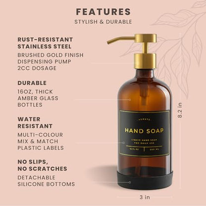 Hand and Dish Soap Dispenser for Kitchen and Bathroom, Set of 2 16 Oz Glass Bottles, Stainless Steel Pumps, Non-Slip Silicone Base, 27 Waterproof Labels (Amber Bottle/Brushed Gold Pump) - color: Amber Bottle / Brushed Gold Pump
