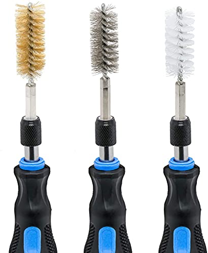 18 Pcs Bore Brush Drill Set, Mixiflor Twisted Stainless Steel Brass Nylon Bore Brush for Cleaning Rust, 1/4 Inch Hex Shank, with Handle, Extension Bar, Tool Bag