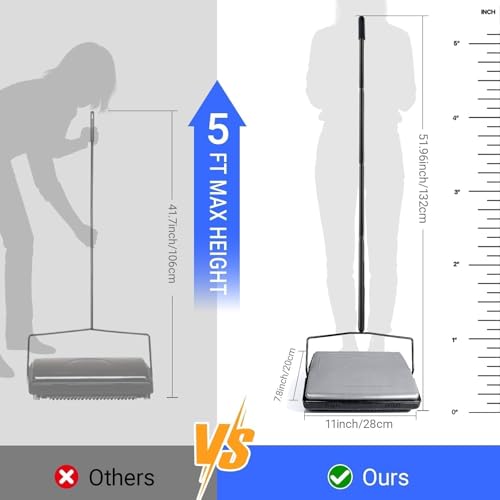 EZ SPARES Quiet Carpet Sweeper,Floor Sweeper with Pig-Bristles,Suitable for Carpet Cleaning Power,Roller Brush Strong,Bristle Sweeper,Great for House,Office,Kitchen,Carpet(Silver) - color: Silver