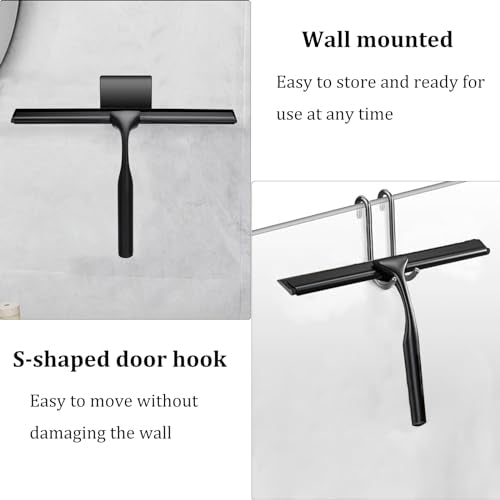 10-Inch Shower Squeegee for Glass Doors, Stainless Steel Shower Squeegee with Shower Door Hook & Adhesive Hook, Multi-Purpose Bathroom Squeegee for Glass, Door, Mirror and Window (Black)