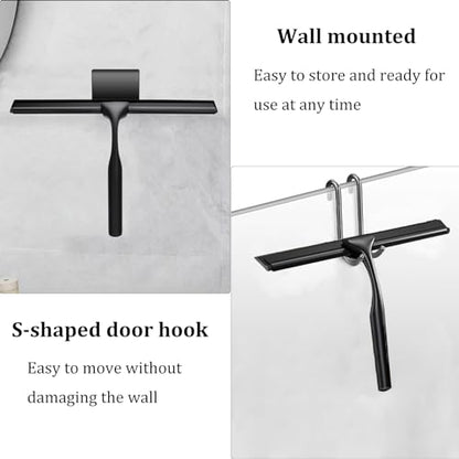 10-Inch Shower Squeegee for Glass Doors, Stainless Steel Shower Squeegee with Shower Door Hook & Adhesive Hook, Multi-Purpose Bathroom Squeegee for Glass, Door, Mirror and Window (Black)
