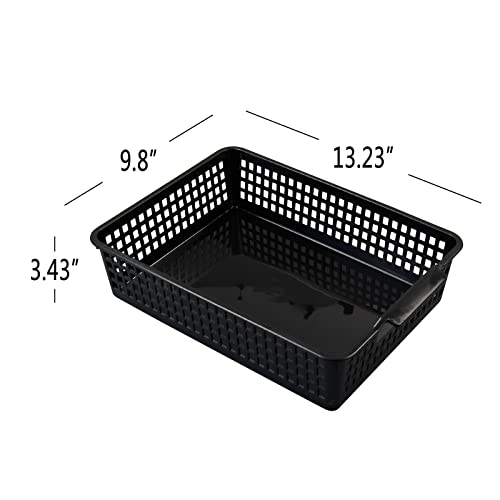 6 Pack Plastic Flat Storage Basket (3 Black + 3 Gray), Plastic Paper Storage Basket Tray for Office Documents, Magazines, Kitchen, Bathroom