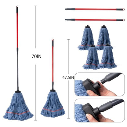 Matthew Large Commercial&Residential Mop Heavy Duty Industrial Mops w/Screw-on handle(Fit Standard American Screw)Looped-End String Wet Cotton Mops for Home,Office,Warehouse - 2 Set&2 Mop Replacements - color: Medium Mop Stick(screw-on), size: 2 Looped En