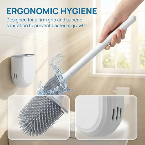 RV Silicone Toilet Brush with Holder, Drill-Free Wall Mounted Toilet Bowl Cleaner, Anti-Drip Anti-Roll Compact Brush for RV Camper & Small Bathroom - color: White