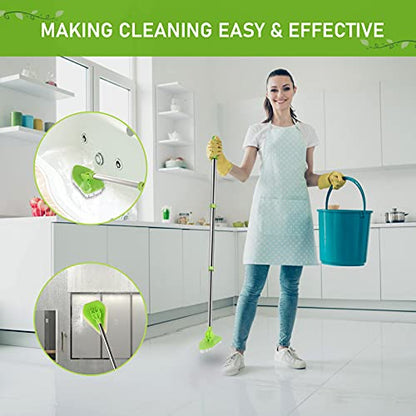 4 Sponges for Scrub Cleaning Brush with Long Handle 35 inch - Durable Kitchen Sponge Double Side Scrub Sponge Cleaning Sponge for Baseboard Shower Bathroom Bathtub Tile Dish