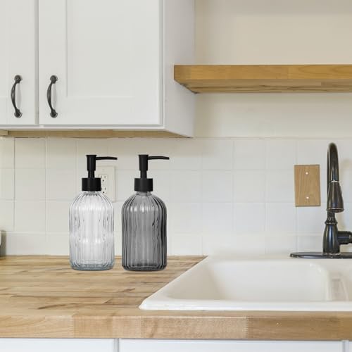 Black & Clear Glass Soap Dispenser with Plastic Pump, 13.5oz Vertical Stripe Design Hand Soap Dispenser for Dish Wash, Refillable Lotion Dispenser for Bathroom and Kitchen - color: Transparent Black & Clear