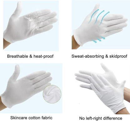 White Cotton Gloves, Breathable Work Glove for Moisturizing SPA Soft Jewelry Inspection, Stretchy Fit for Men and Wonmen (6 Pairs) - size: 8.67inch/22cm