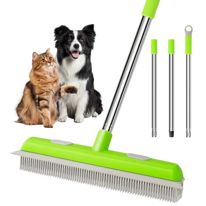 Pet Hair Removal Rubber Broom, Carpet rake with Squeegee for Cleaning Pet Hair, 52 inch Long Handle Rubber Broom,Dual-Sided for Fluff Carpet, Hardwood Floor, Tile,Green