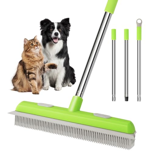Pet Hair Removal Rubber Broom, Carpet rake with Squeegee for Cleaning Pet Hair, 52 inch Long Handle Rubber Broom,Dual-Sided for Fluff Carpet, Hardwood Floor, Tile,Green