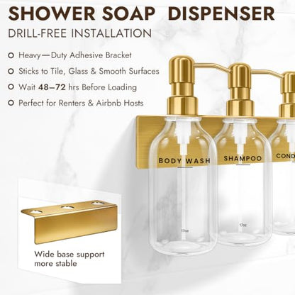 Shampoo and Conditioner Dispenser - Wall Mounted Shower Soap Dispenser - 17oz No-Drill Refillable Plastic Bottles with Stainless Steel Pump for Bathroom - Includes Soap Dish and Hook (Transparent) - color: Transparent