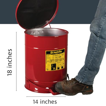 Justrite 10 Gallon Galvanized Steel Oily Waste Can, 18" x 14" Metal Oil Rag Safety Can with Quiet Foot Operated Self-Closing Lid for Oil Rag Disposal, Made in The USA, Red, 09308 - color: Red, size: 10 Gallon, style: Foot-Operated Quiet Lid