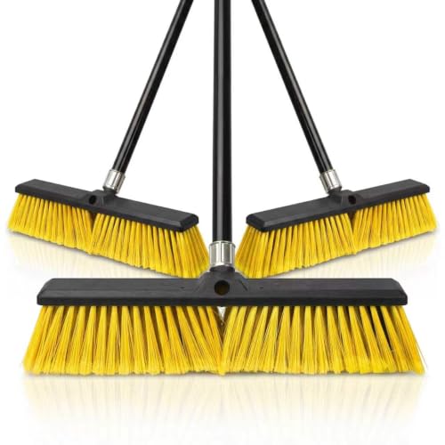 3 Pack 18" Push Broom Outdoor, Heavy Duty Broom with 62" Long Handle, Stiff Bristle Garage Broom for Patio Deck Driveway Concrete Floor Shop Warehouse Cleaning - color: Yellow 3 Pack, size: 18Inch