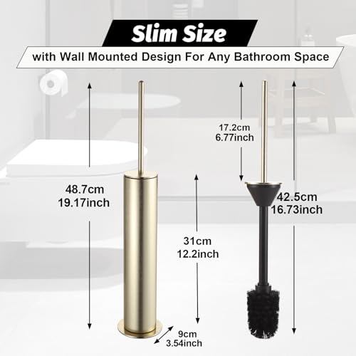 BGL Toilet Brush with Holder Set Brushed Gold Aluminium Standing for Bathroom Toilet Bowl Cleaner Brush and Holder Set, Round Design - color: Brushed Gold-standing